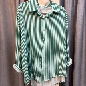 Chic Green and White Striped Button-Down Shirt